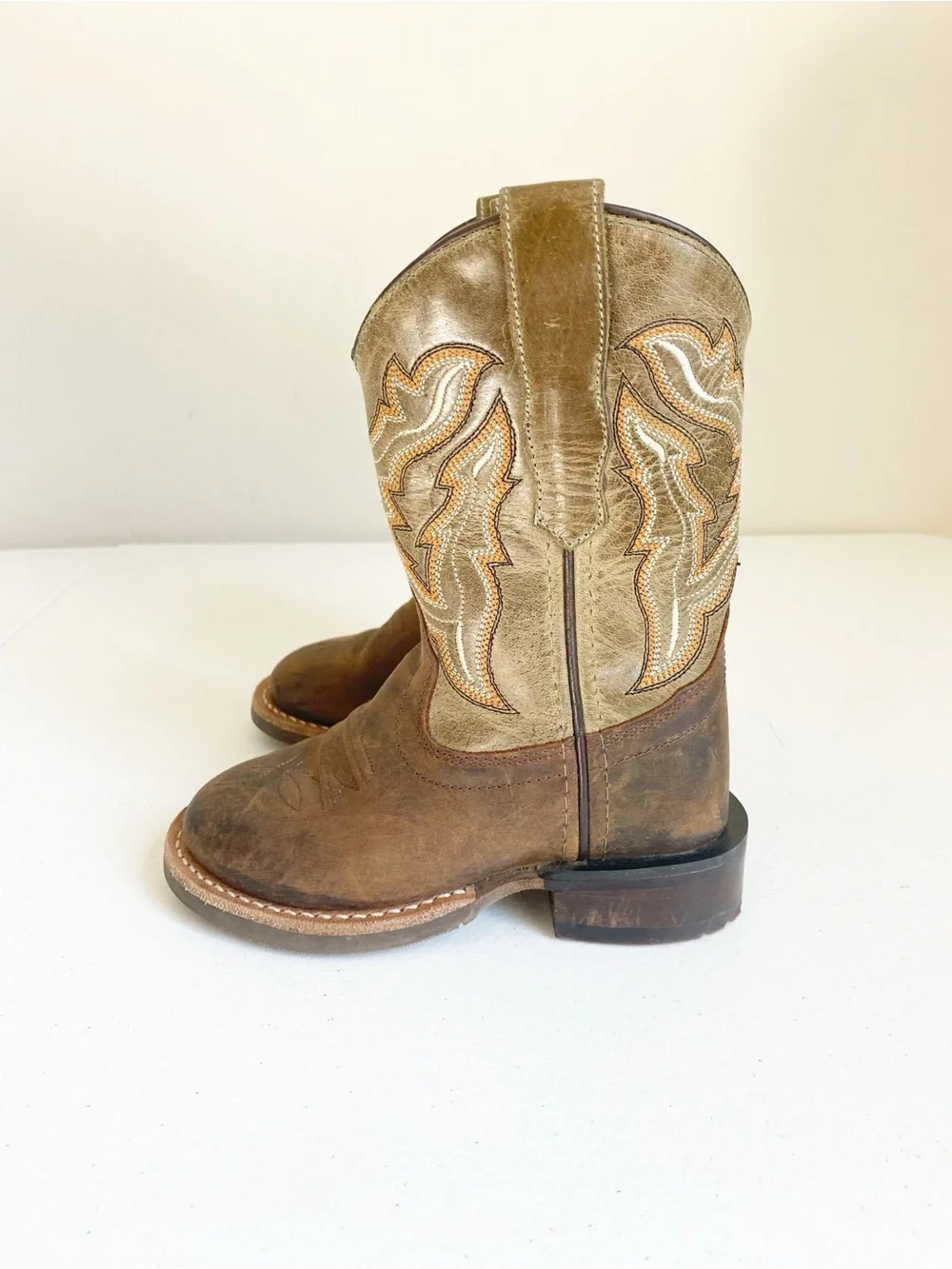Old West Kids Broad Round Toe Leather Western Boots Tan Olive Size 8.5D